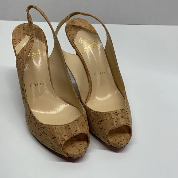 Christian Louboutin Peep Toe Sling Back Light Brown Cork Heels Size 35.5 | 5.5 - Picture 2 of 14